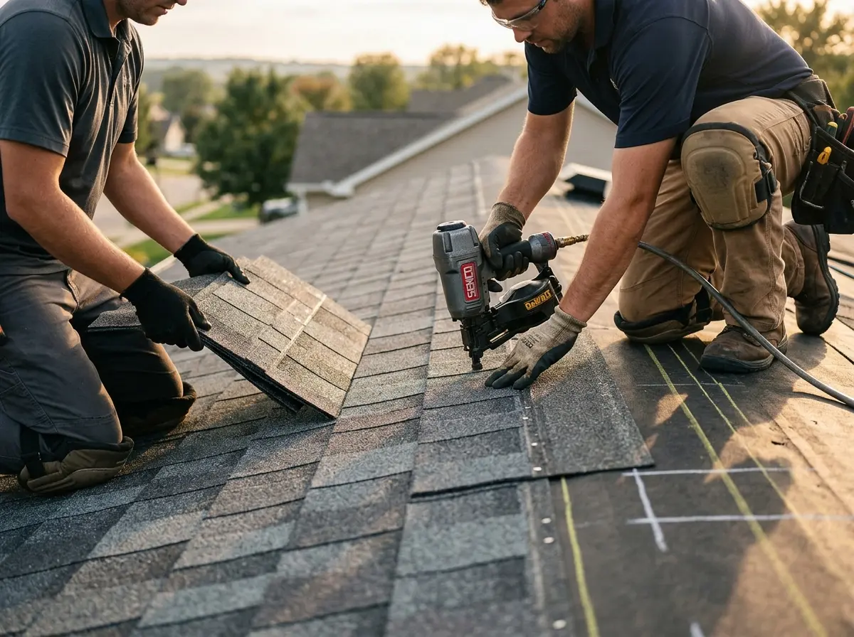 Professional roofer working on a residential roof in Ellicott